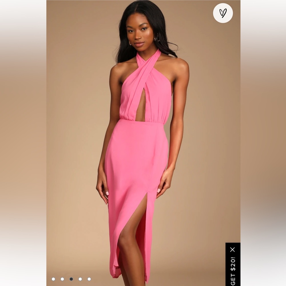 Lulu’s Flirty Chic Bright Hot Pink Cutout Twist-Front Halter Midi Dress